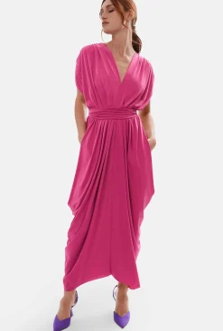 James Lakeland Batwing Pleated Maxi Dress Fuchsia