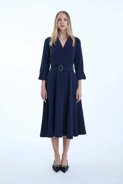 James Lakeland Belted Navy Suit Midi Dress