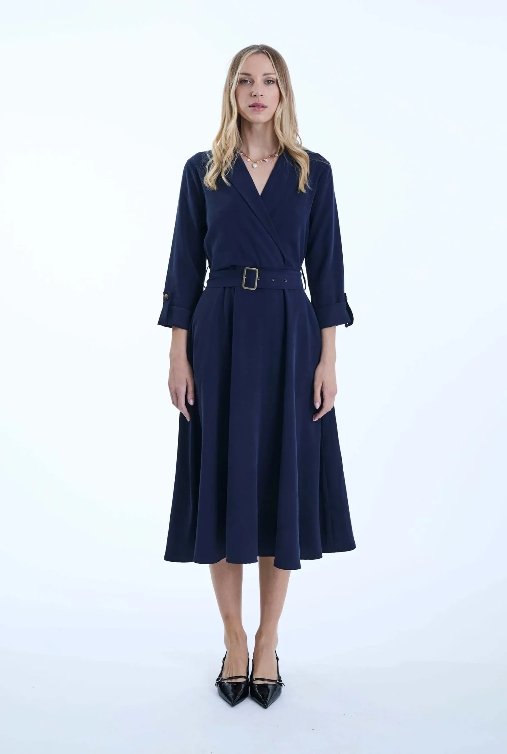 James Lakeland Belted Navy Suit Midi Dress
