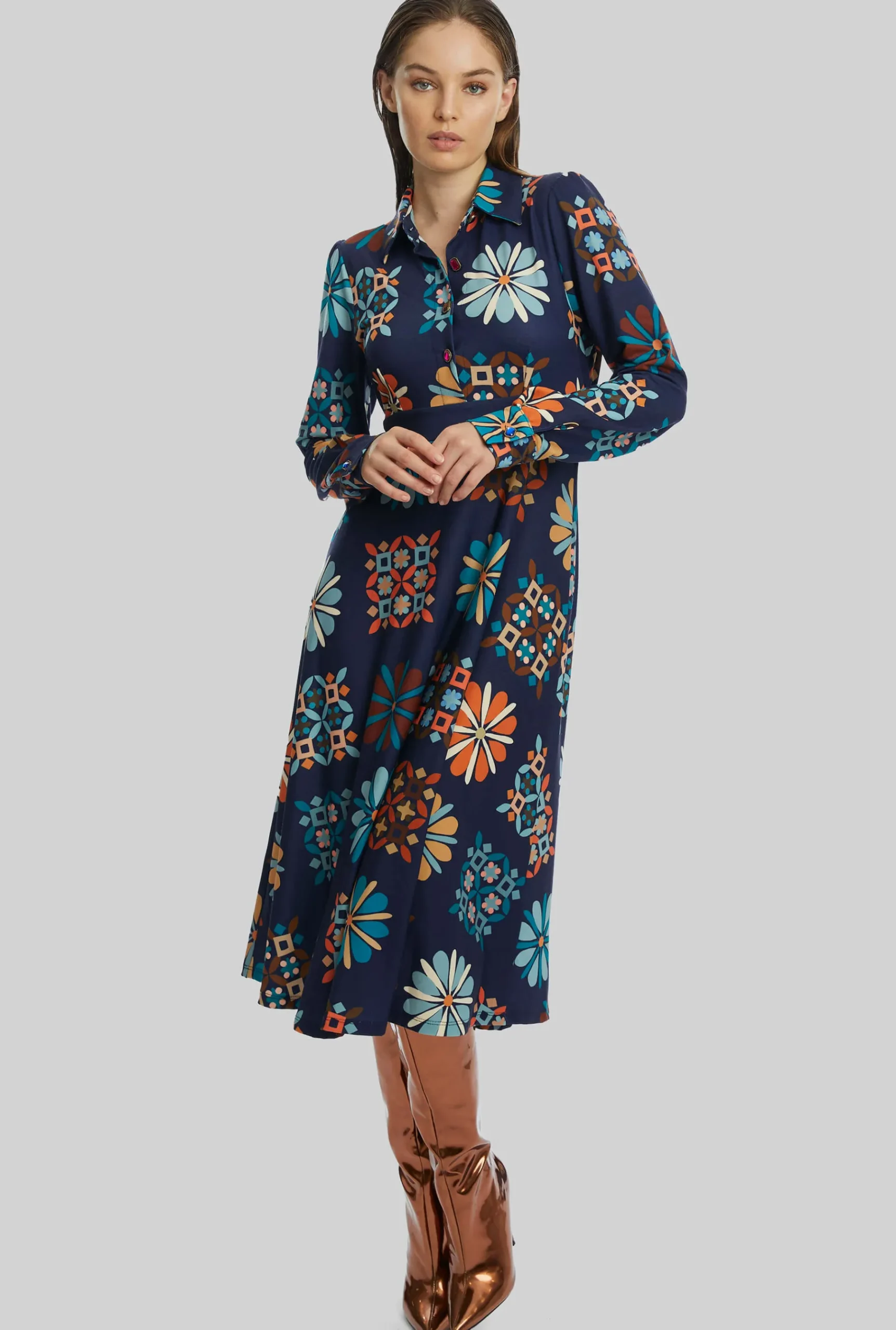 James Lakeland Jewelled Button Print Midi Dress Navy