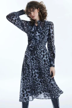 James Lakeland Leopard Print Midi Ruffle Dress Black
