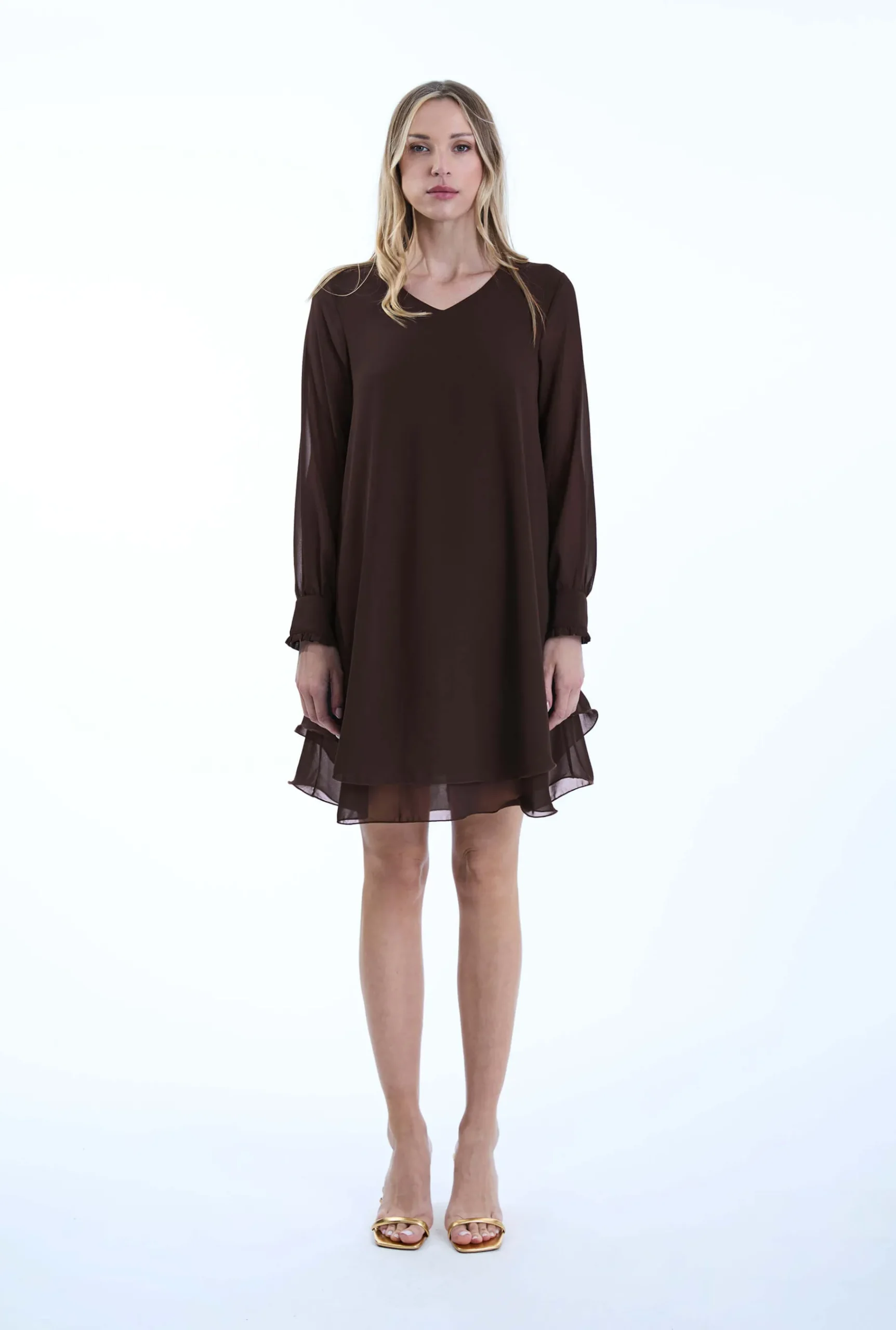 James Lakeland Long Sleeve Brown Wave Hem Dress