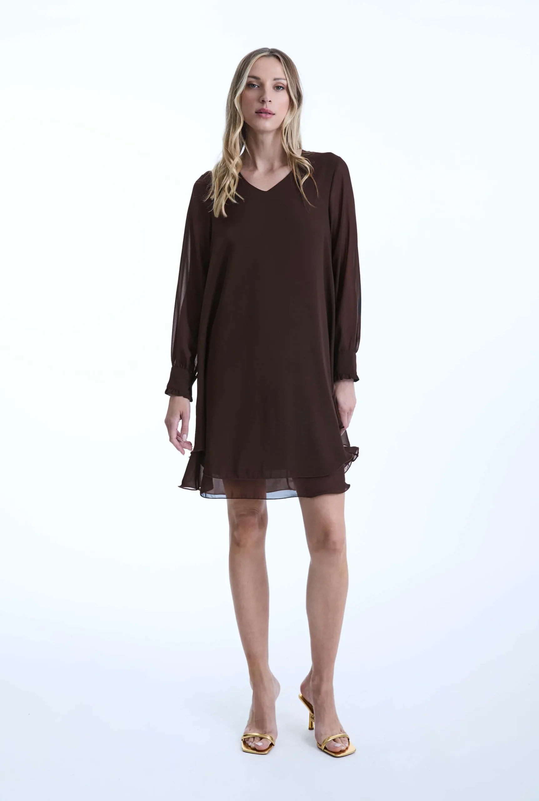 James Lakeland Long Sleeve Brown Wave Hem Dress