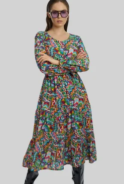 James Lakeland Printed Round Neck Tiered Midi Dress