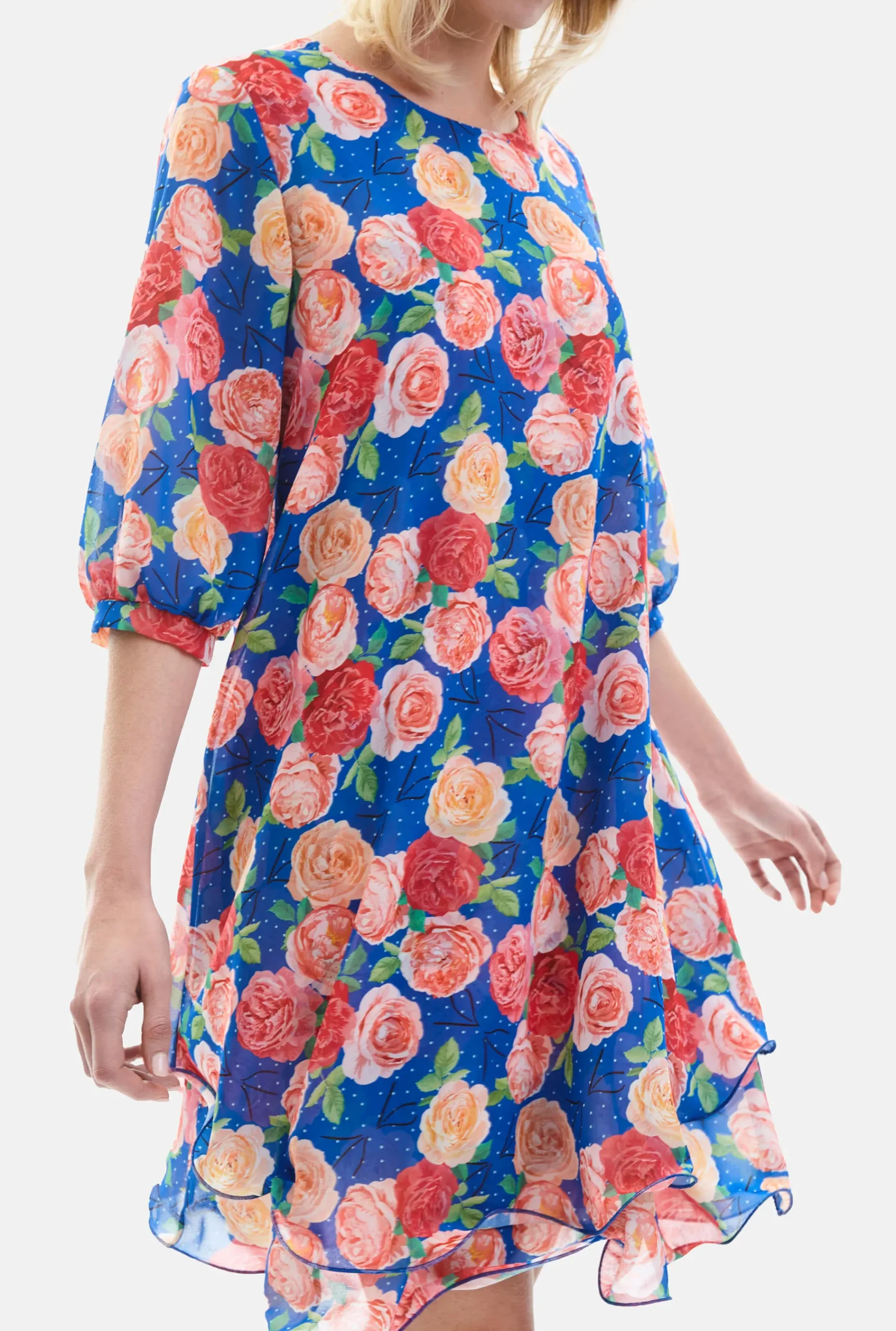 James Lakeland Rose Print Wave Hem Dress Royal