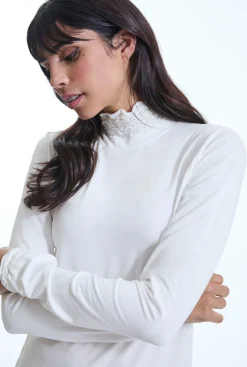 James Lakeland Ruffle Neck Cream Top
