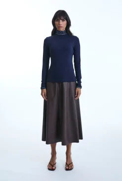 James Lakeland Ruffle Neck Navy Top