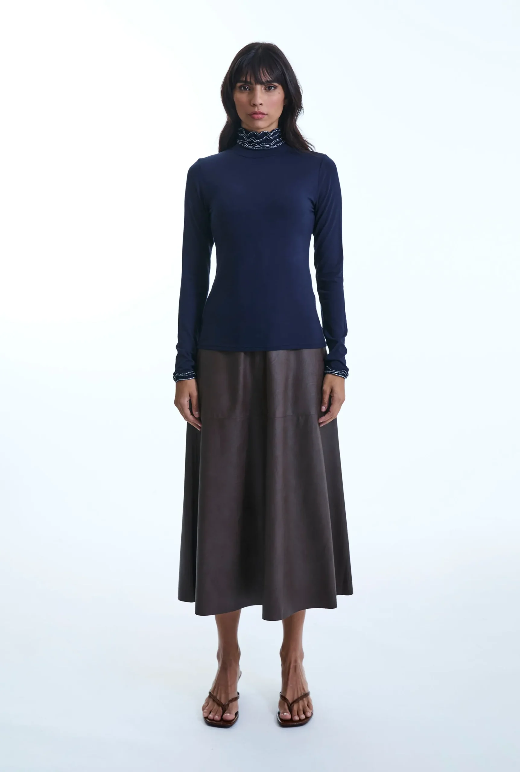 James Lakeland Ruffle Neck Navy Top