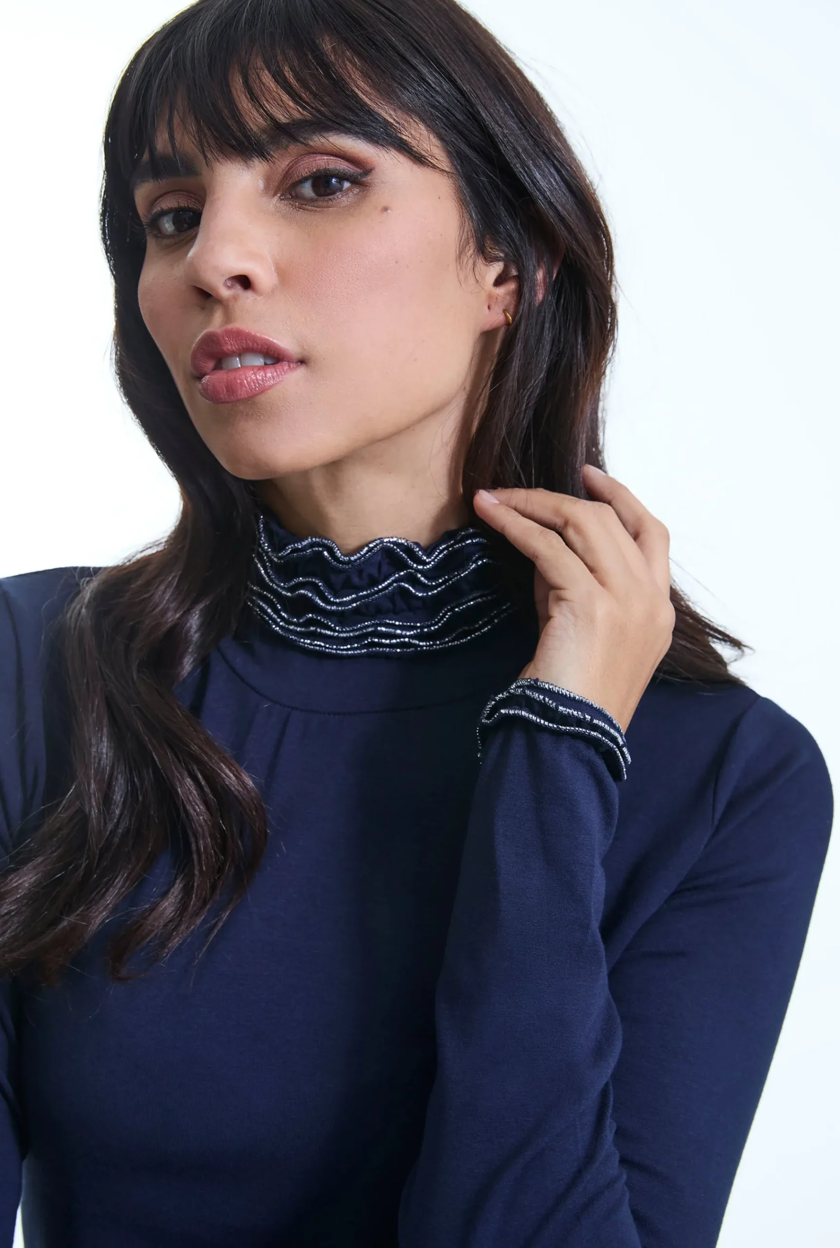 James Lakeland Ruffle Neck Navy Top
