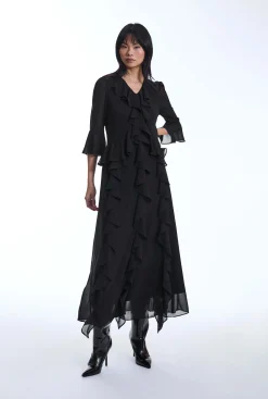 James Lakeland V-Neck Ruffle Black Dress