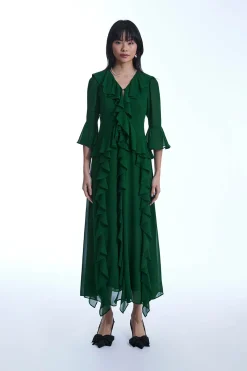 James Lakeland V-Neck Ruffle Green Dress